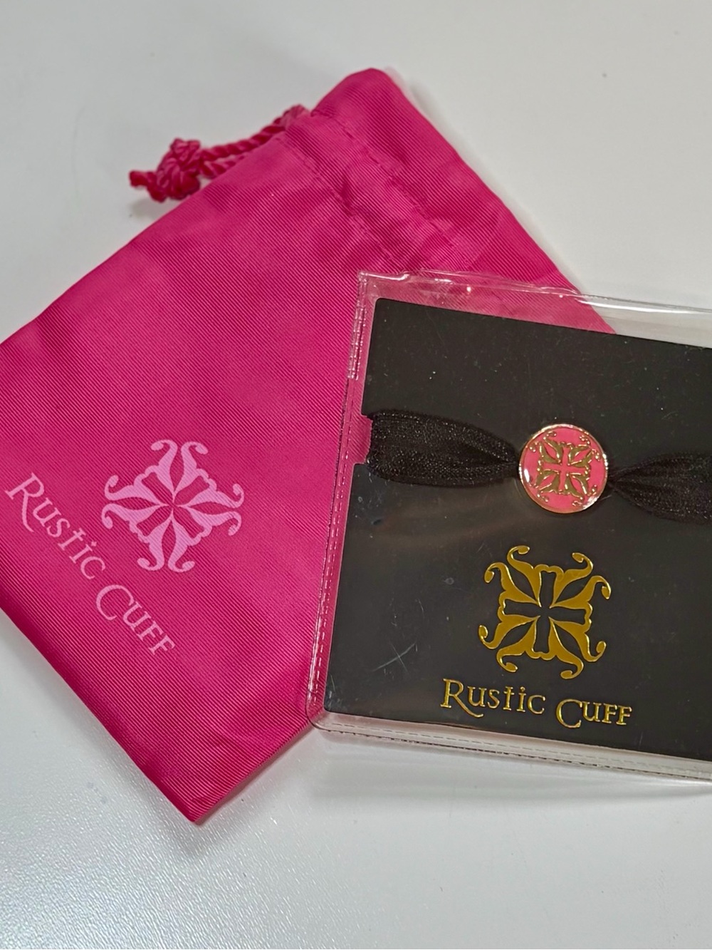 Rustic Cuff Black Bracelet Hair Tie with Pink & Gold Logo Charm & Pink Pouch NWT